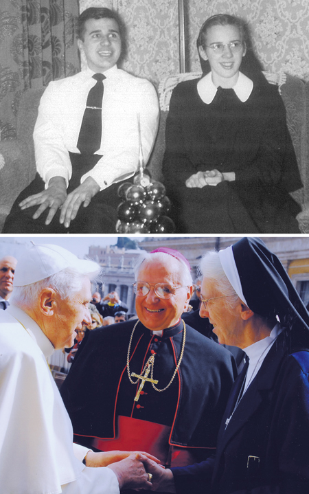 Sister Collette Bruskewitz is pictured with her brother Bishop Fabian Bruskewitz in 1954 (top) and in 2009 with Pope Benedict XVI.